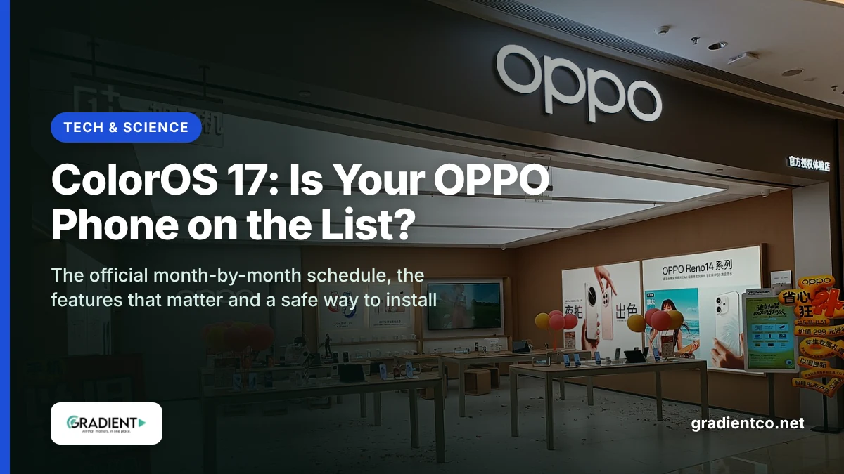ColorOS 17 update: an OPPO store with Reno14 posters and phones on display tables under the OPPO logo