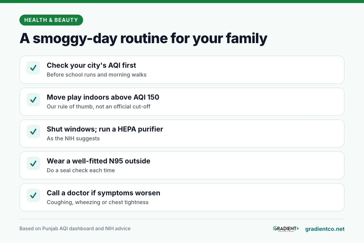 Checklist for a smoggy day: check the AQI, move play indoors above 150, shut windows, wear an N95, call a doctor if symptoms worsen