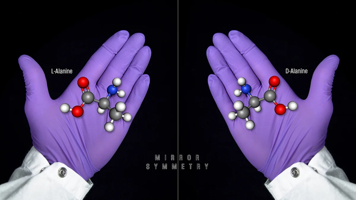 Two gloved hands held up as mirror images: the left holds a model of L-alanine, the right a model of D-alanine, with the words mirror symmetry between them