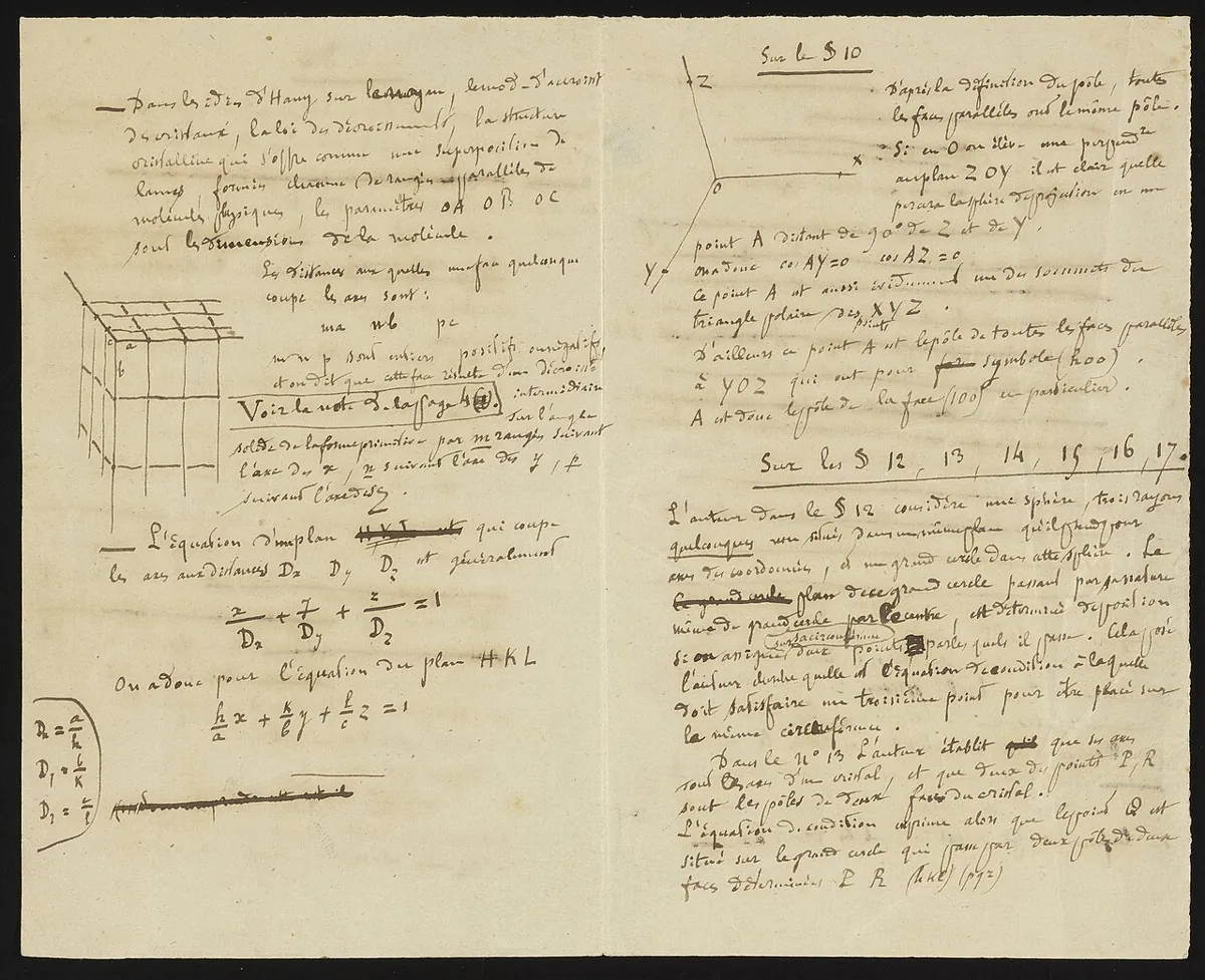 Louis Pasteur's handwritten lecture notes on crystal structure and tartaric acid, with a small sketch of a crystal in the margin